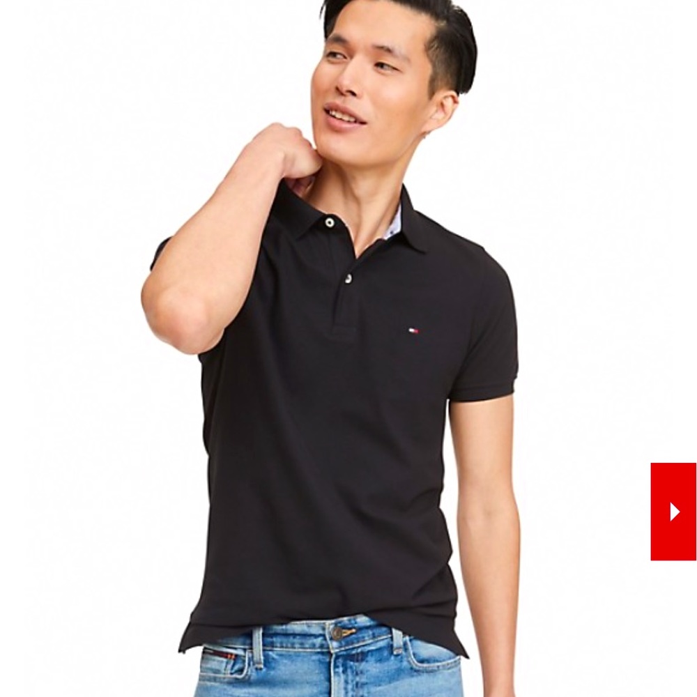 TOMMY HILFIGER SLIM FIT ESSENTIAL SOLID STRETCH POLO. Black. Size M